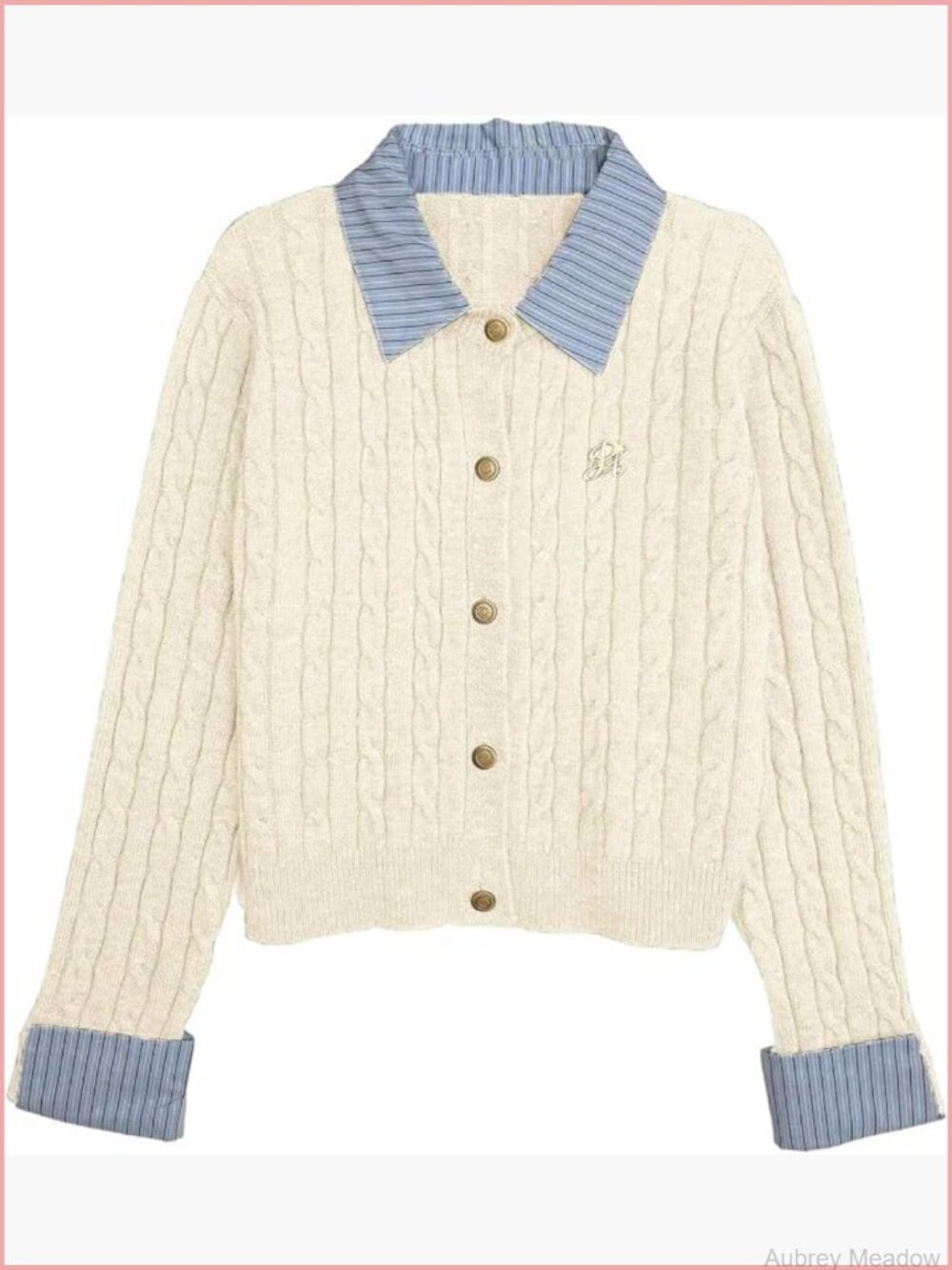 Cropped Collared Cable Knit Cardigan Button Down Long Sleeve Preppy Fall - Picture 1 of 5